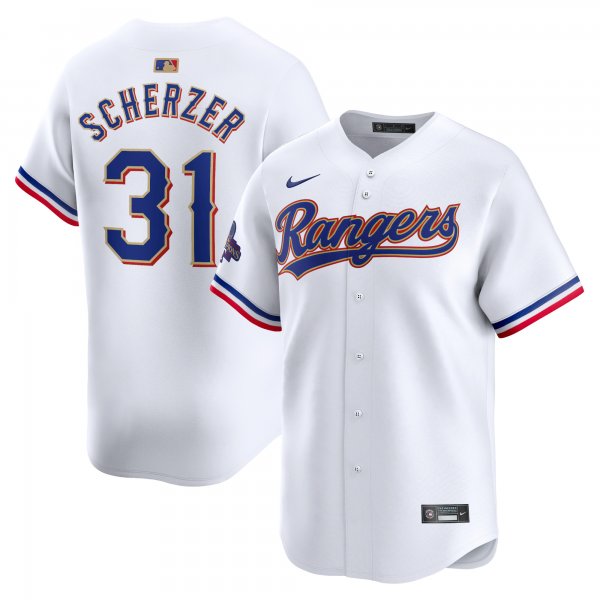 Men's Texas Rangers #31 Max Scherzer Nike White 2024 Gold Collection Limited Player Jersey