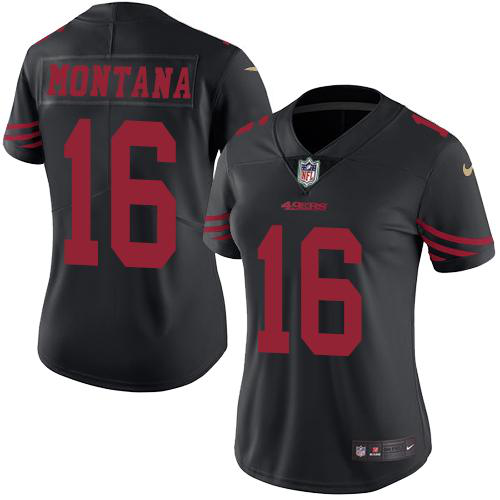 Nike San Francisco 49ers #16 Joe Montana Black Women's Stitched NFL Limited Rush Jersey