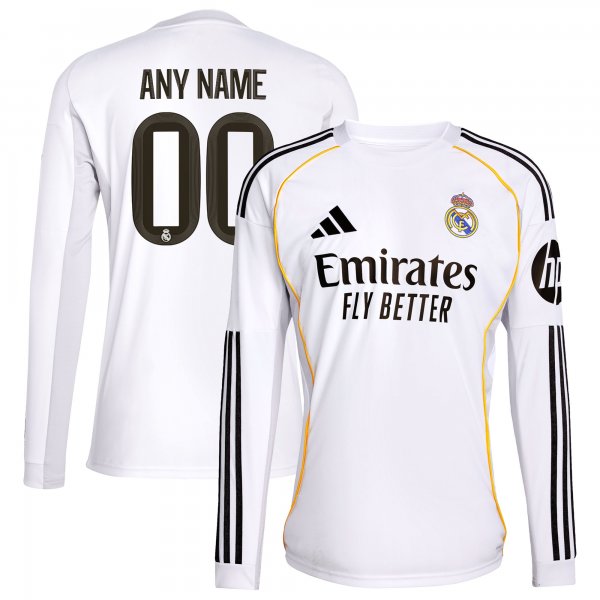 Real Madrid adidas 2025/26 Home Replica Long Sleeve Custom Jersey - White