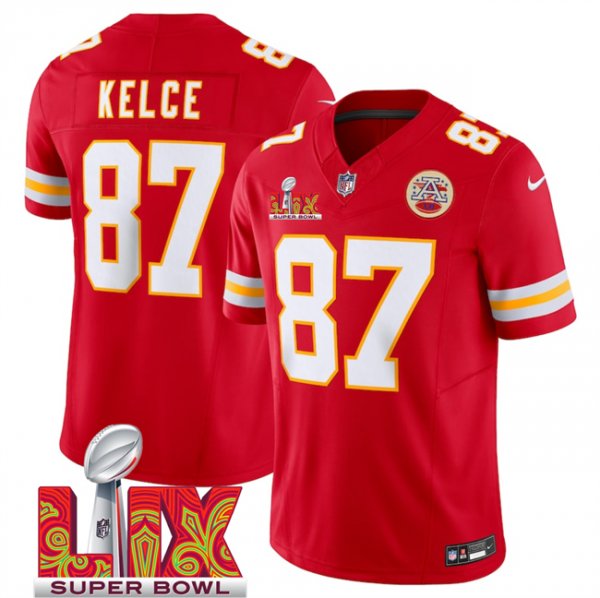 Men's Kansas City Chiefs #87 Travis Kelce Red Super Bowl LIX F.U.S.E. Vapor Limited Stitched Jersey