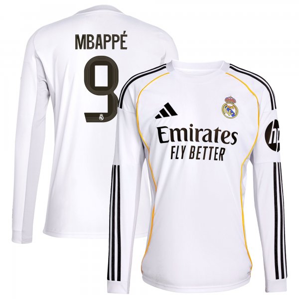 Kylian Mbappé Real Madrid adidas 2025/26 Home Replica Long Sleeve Jersey - White