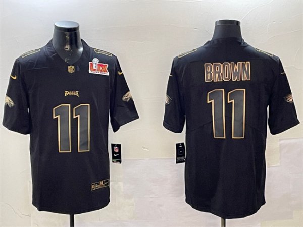 Men's Philadelphia Eagles #11 A. J. Brown Black Gold Super Bowl LIX Vapor Untouchable Limited Stitched Jersey