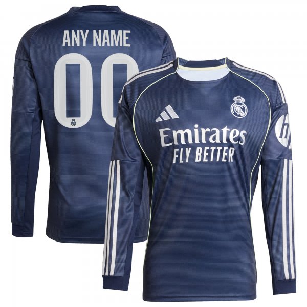 Real Madrid adidas 2025/26 Away Long Sleeve Replica Custom Jersey - Blue