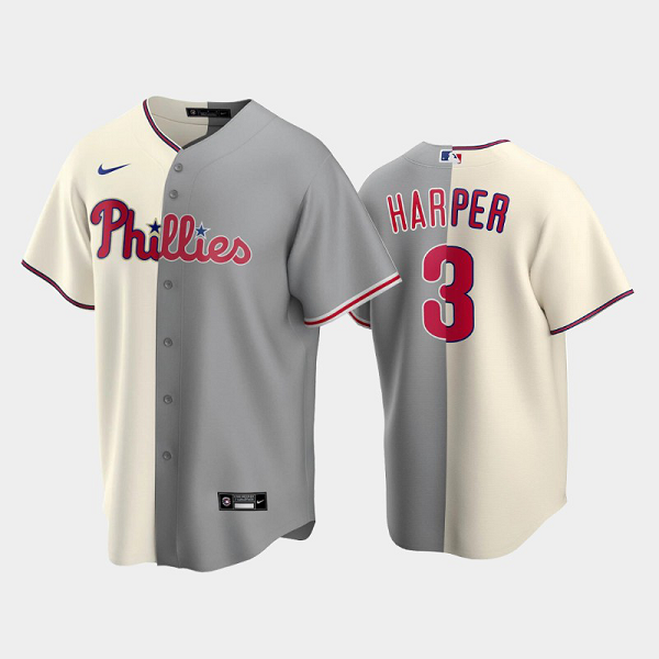 Men's Philadelphia Phillies Split Replica #3 Bryce Harper White-Gray MLB Jersey