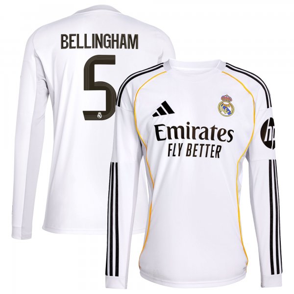 Jude Bellingham Real Madrid adidas 2025/26 Home Replica Long Sleeve Jersey - White