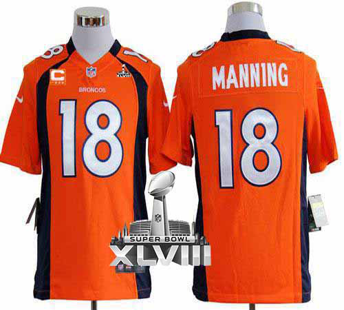 Nike Denver Broncos #18 Peyton Manning Orange Team Color With C Patch Super Bowl XLVIII Men's Stitched NFL Game Jersey