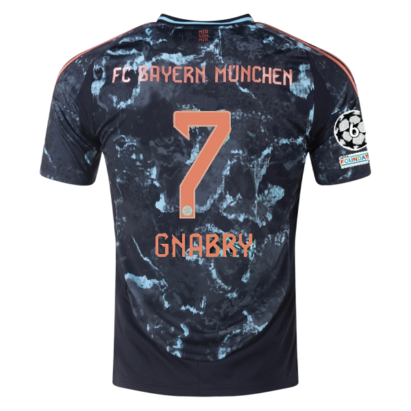 adidas Bayern Munich Serge Gnabry Away Jersey w/ Champions League Patches 24/25 (Black/Copper/Blue)