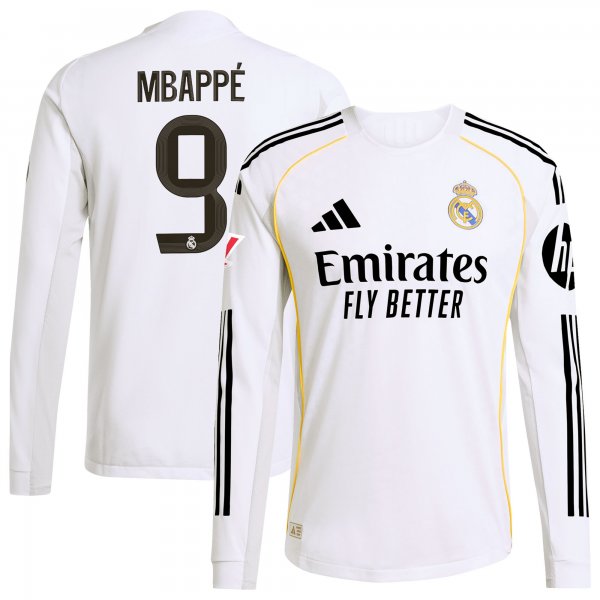 Kylian Mbappé Real Madrid adidas 2025/26 Home Long Sleeve Jersey - White