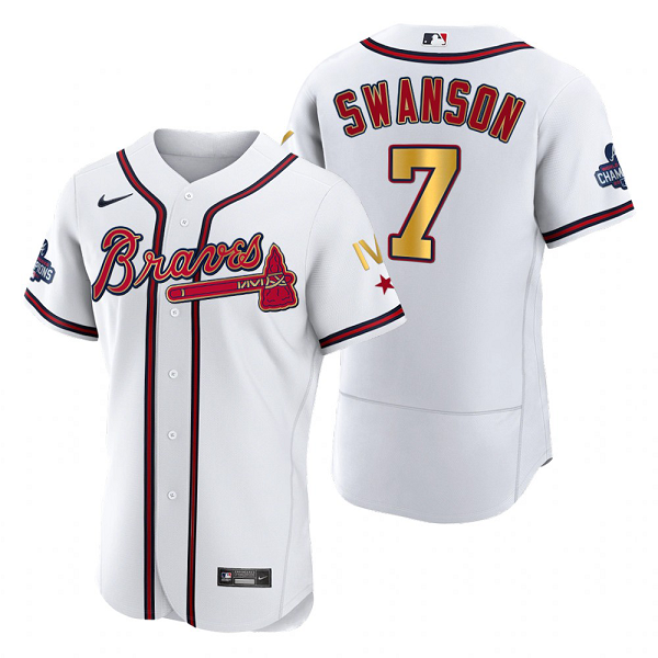 Men's Atlanta Braves Dansby Swanson White 2022 Gold Program 4-Time World Series Champions Flex Base Jersey