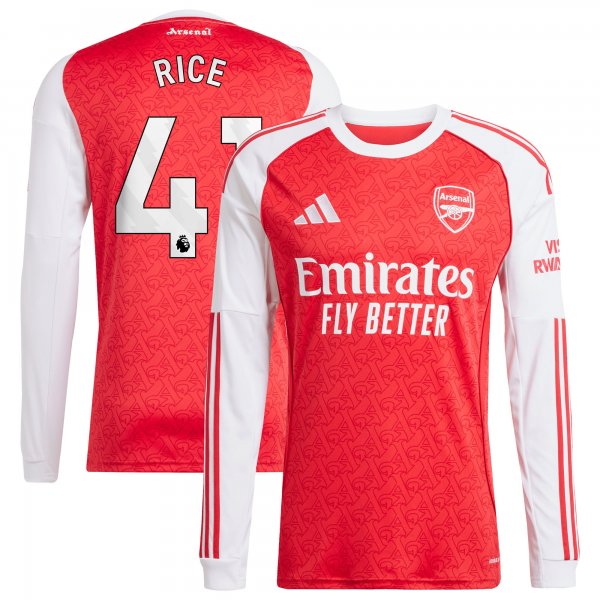 Declan Rice Arsenal adidas 2025/26 Home Replica Long Sleeve Player Jersey - Red