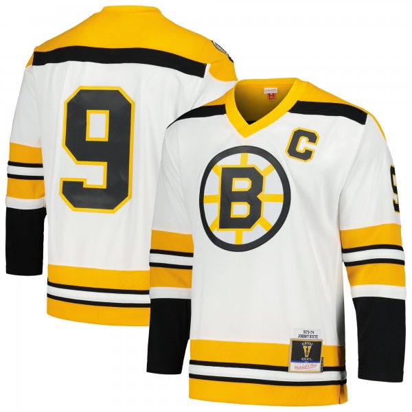 Men's Boston Bruins Johnny Bucyk Mitchell & Ness White  1973/74 Blue Line Player Jersey