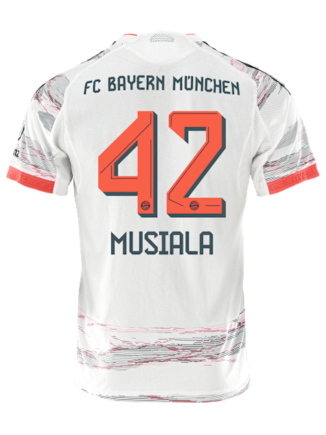 adidas Musiala Away Jersey 25/26 w/ Sponsor + Meister Bundesliga Patch (White/Red]