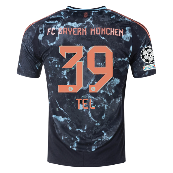 adidas Bayern Munich Mathys Tel Away Jersey w/ Champions League Patches 24/25 (Black/Copper/Blue)