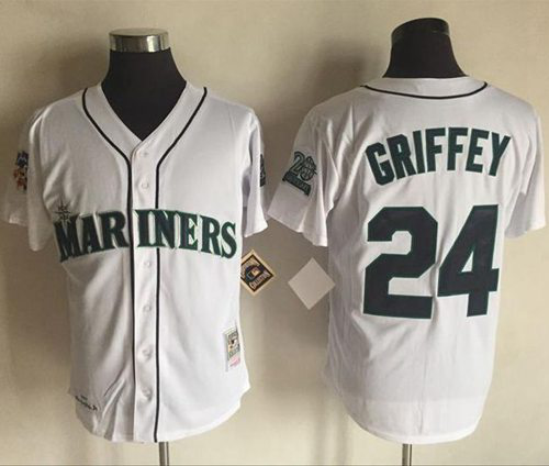 Men's Mitchell And Ness 1997 Seattle Mariners #24 Ken Griffey White Throwback Stitched MLB Jersey