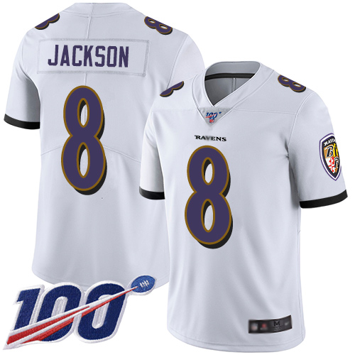 Baltimore Ravens #8 Lamar Jackson White Men's Stitched NFL 100th Season Vapor Limited Jersey