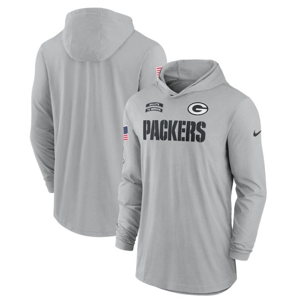 Men's Nike Gray Green Bay Packers 2024 Salute to Service Lightweight Performance Long Sleeve Hoodie T-Shirt