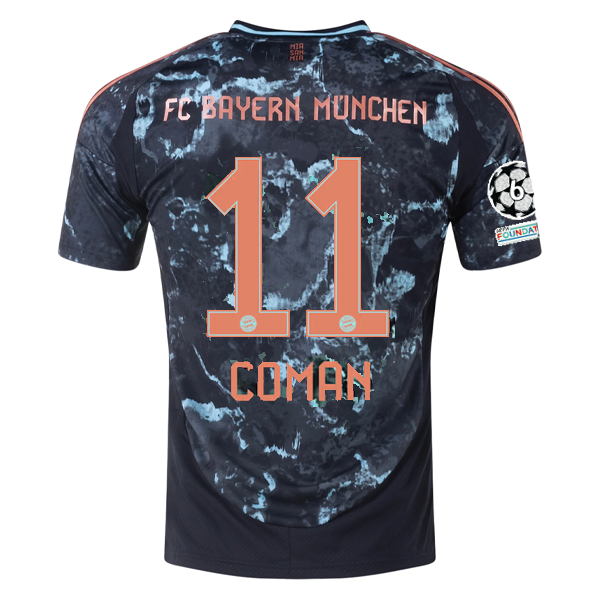 adidas Bayern Munich Kingsley Coman Away Jersey w/ Champions League Patches 24/25 (Black/Copper/Blue)
