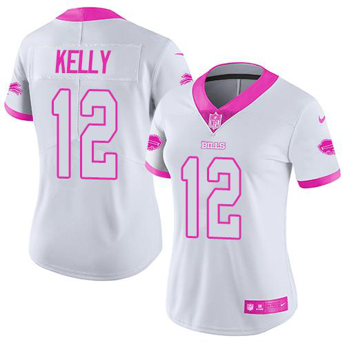 Nike Buffalo Bills #12 Jim Kelly White/Pink Women's Stitched NFL Limited Rush Fashion Jersey